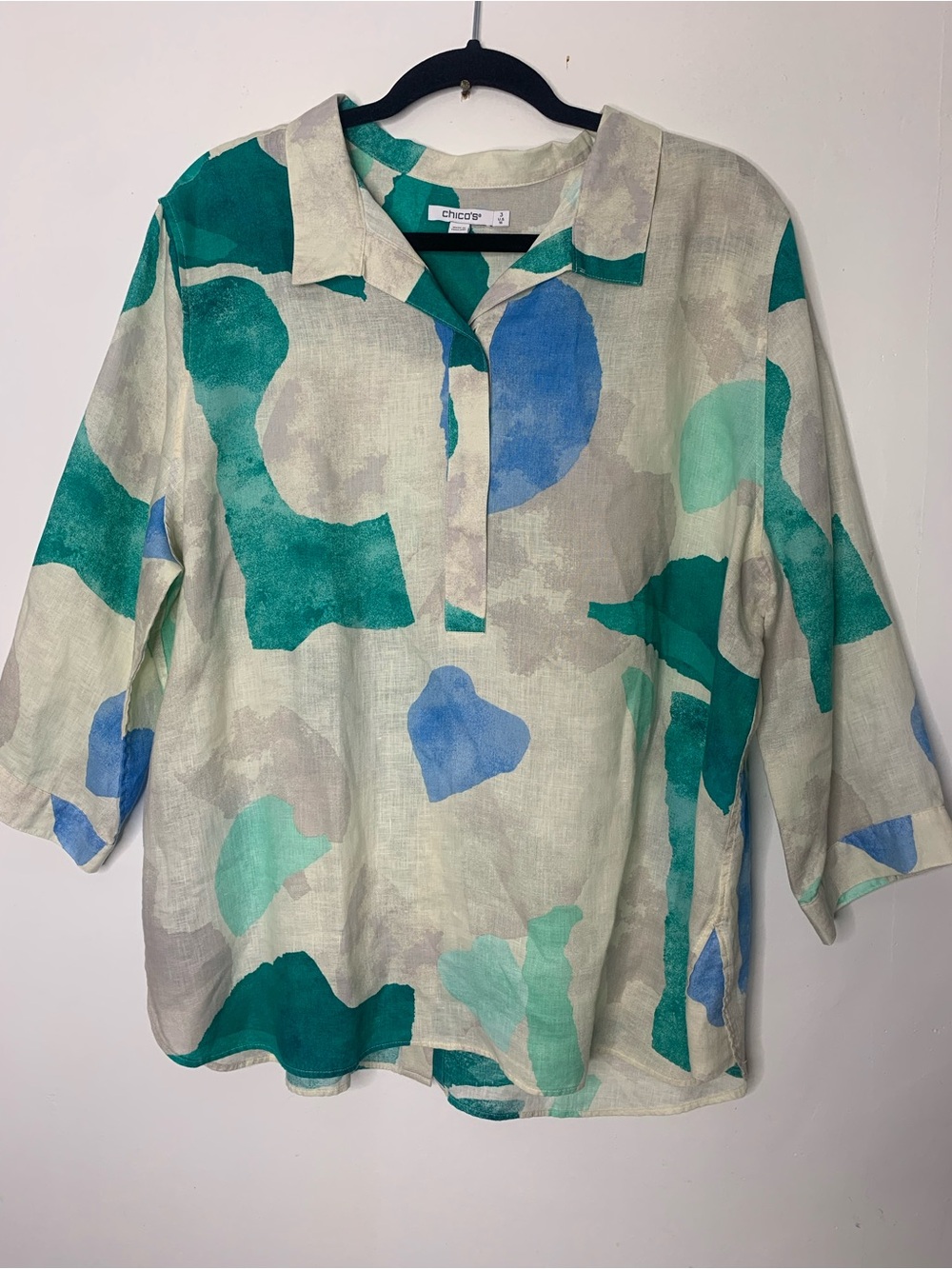 Chico's 100% Linen Multicolor Abstract Print  collard Tunic Top Beachy Lagen 16